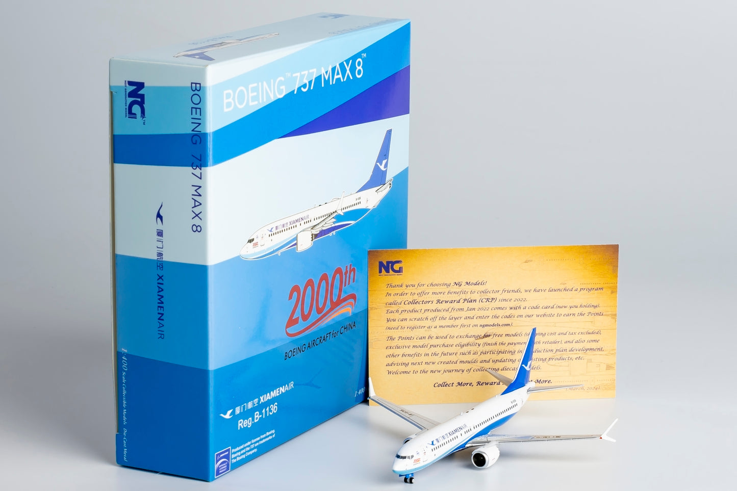 1:400 NG Models NG88030 Xiamen Airlines B737 MAX8 B-1136 "2000th Boeing in China" Aircraft Model+Free Tractor