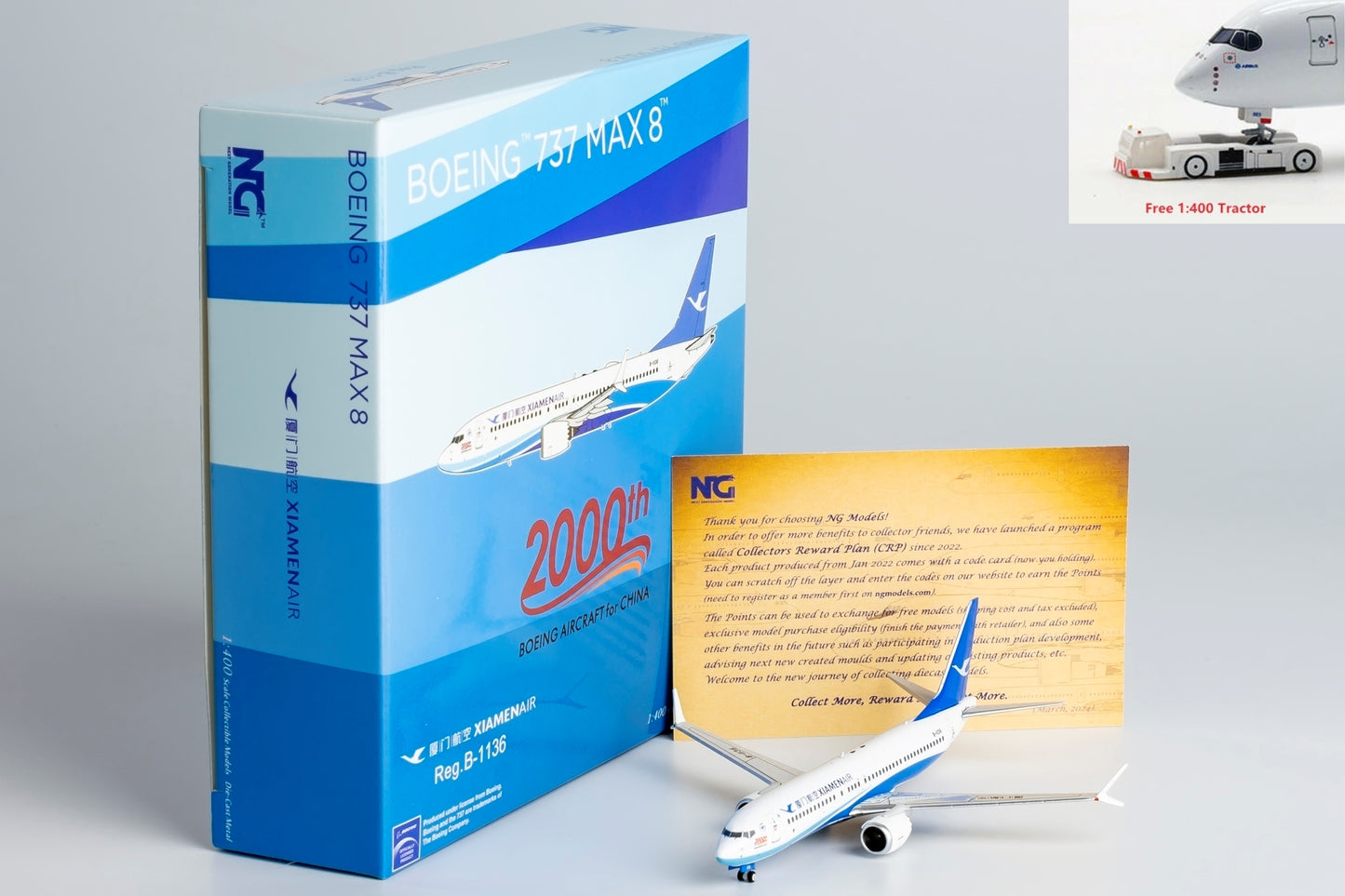 1:400 NG Models NG88030 Xiamen Airlines B737 MAX8 B-1136 "2000th Boeing in China" Aircraft Model+Free Tractor