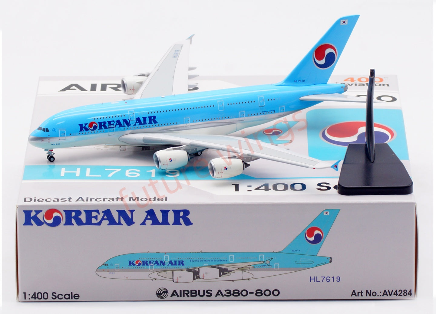 1:400 Aviation400 Korean Air A380 HL7619 Aircraft Model Free Tractor+Stand