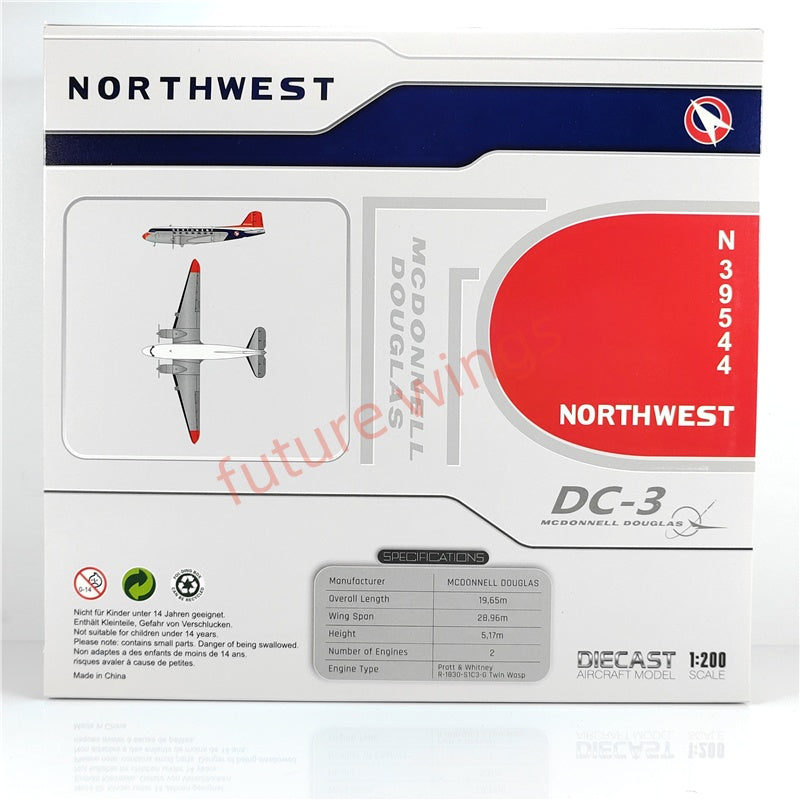 1:200 JC Wings XX2382 Northwest Airlines DC-3 N39544 Diecast Aircraft Model
