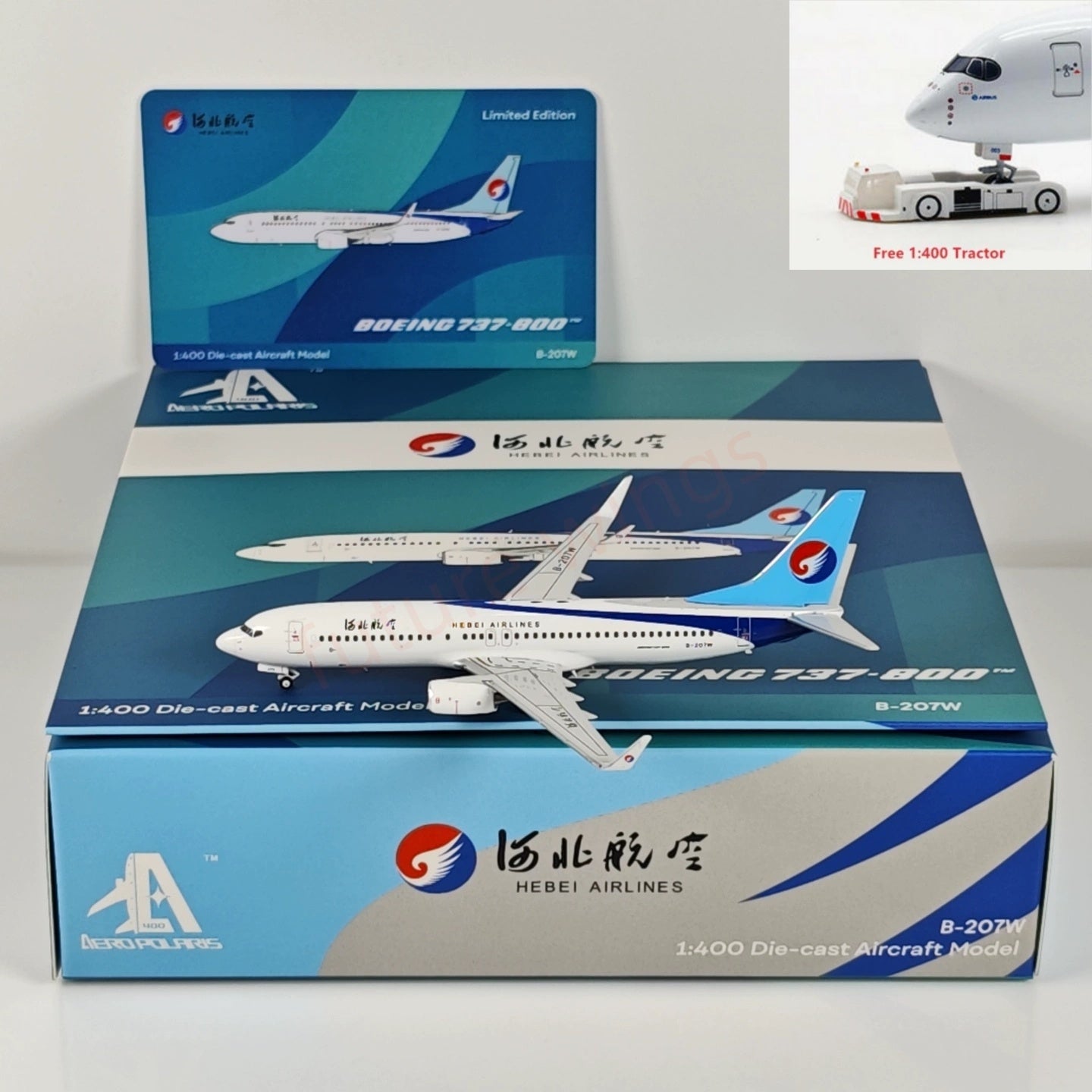1:400 AeroPolaris Hebei Airlines B737-800 B-207W Aircraft Model+Free Tractor