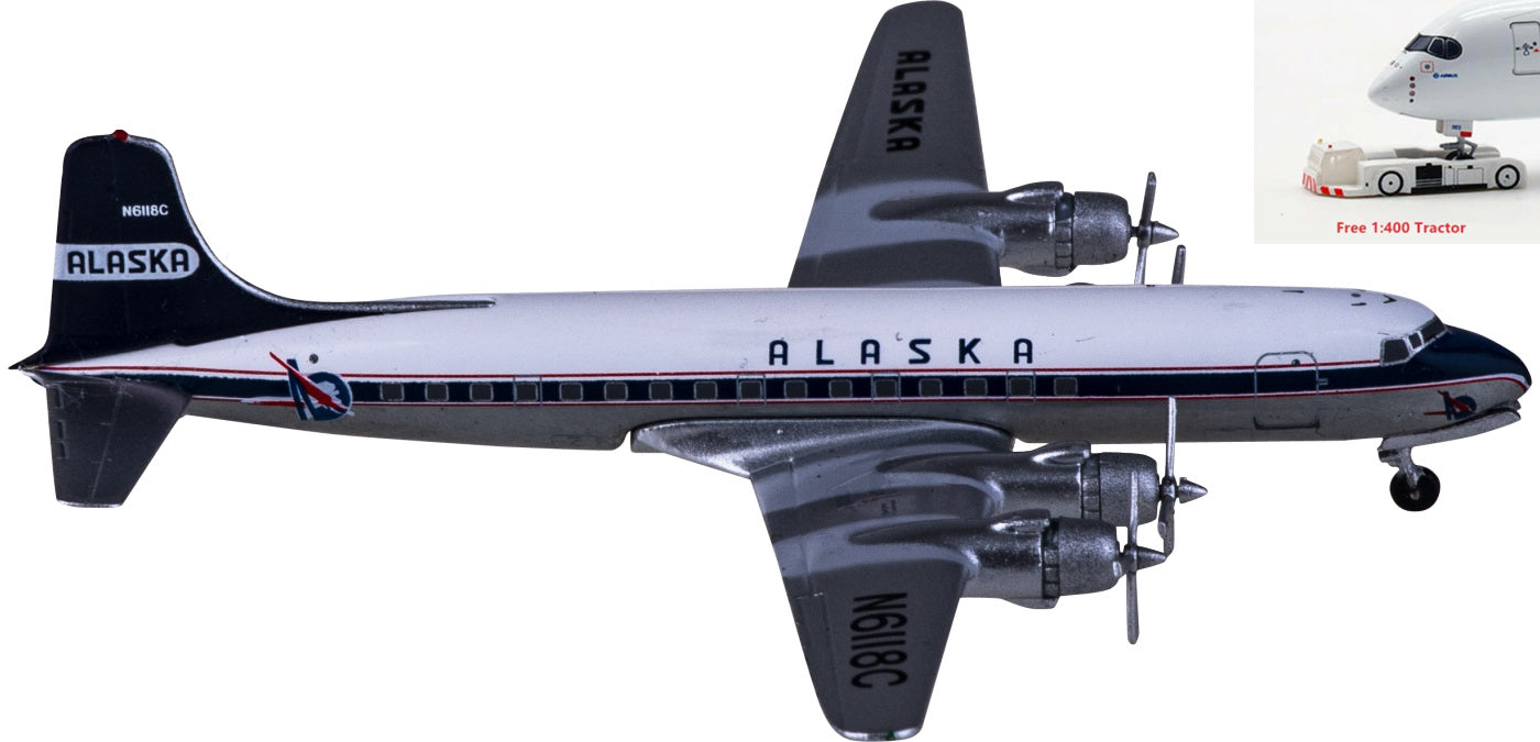 1:400 AeroClassics AC419954 Alaska Airlines Douglas DC-6 N6118C Aircraft Model+Free Tractor