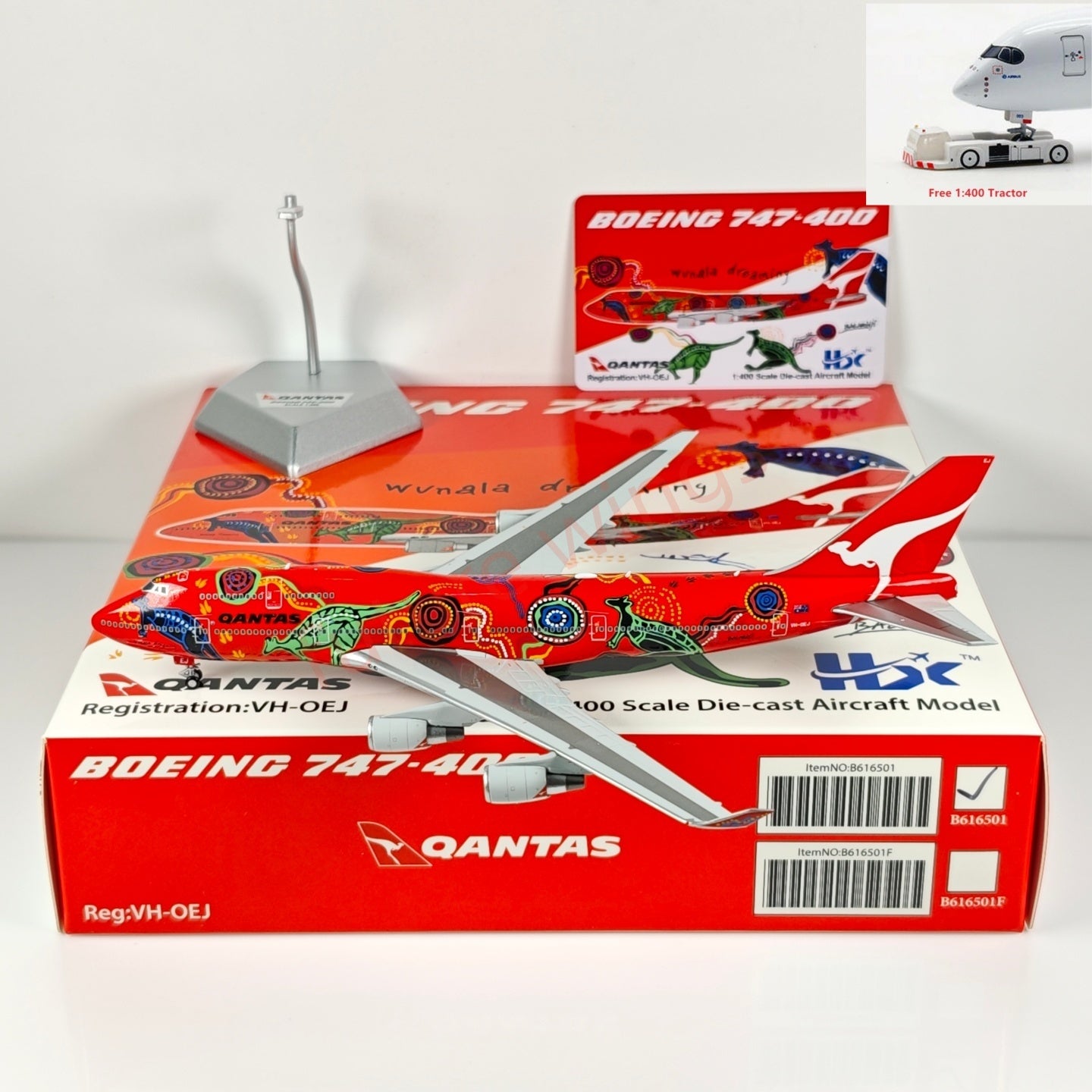 1:400 HX Models Qantas Airways B747-400 VH-OEJ Aircraft Model Free Tractor +Stand