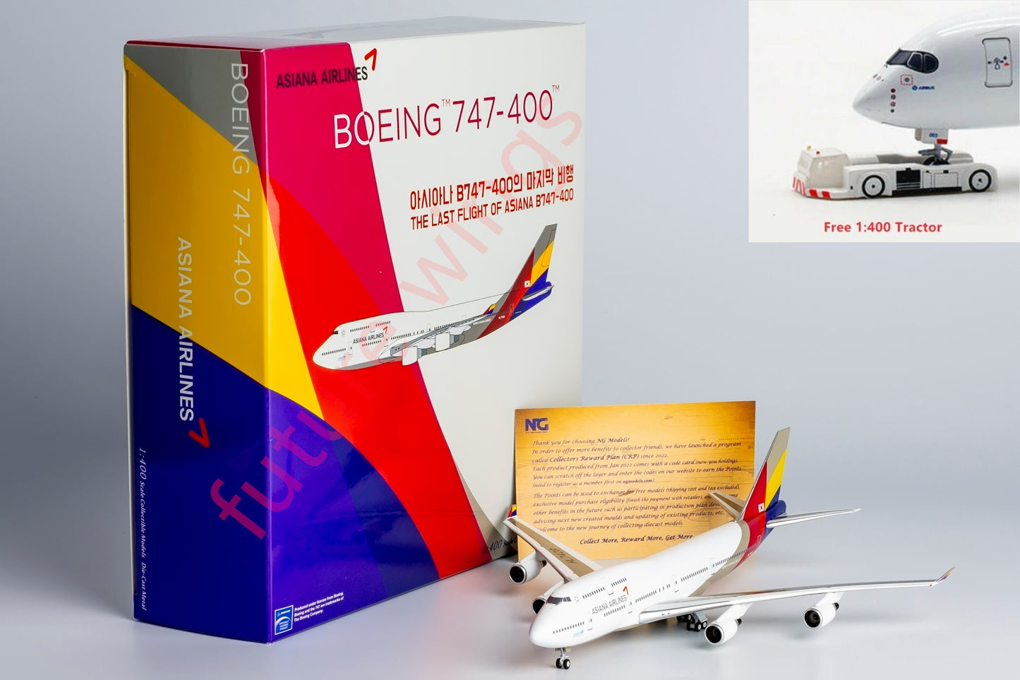 1:400 NG Lite AAR007 Asiana B747-400 HL7428 "Last Fright" Aircraft Model+Free Tractor