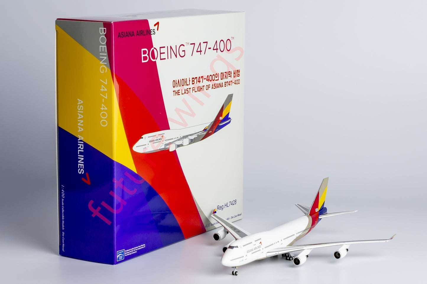 1:400 NG Lite AAR007 Asiana B747-400 HL7428 "Last Fright" Aircraft Model+Free Tractor