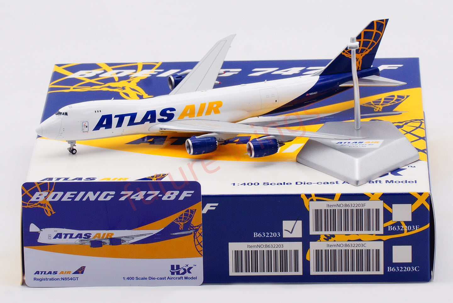 1:400 HX Models Atlas Air B747-8F N854GT Aircraft Model Free Tractor +Stand