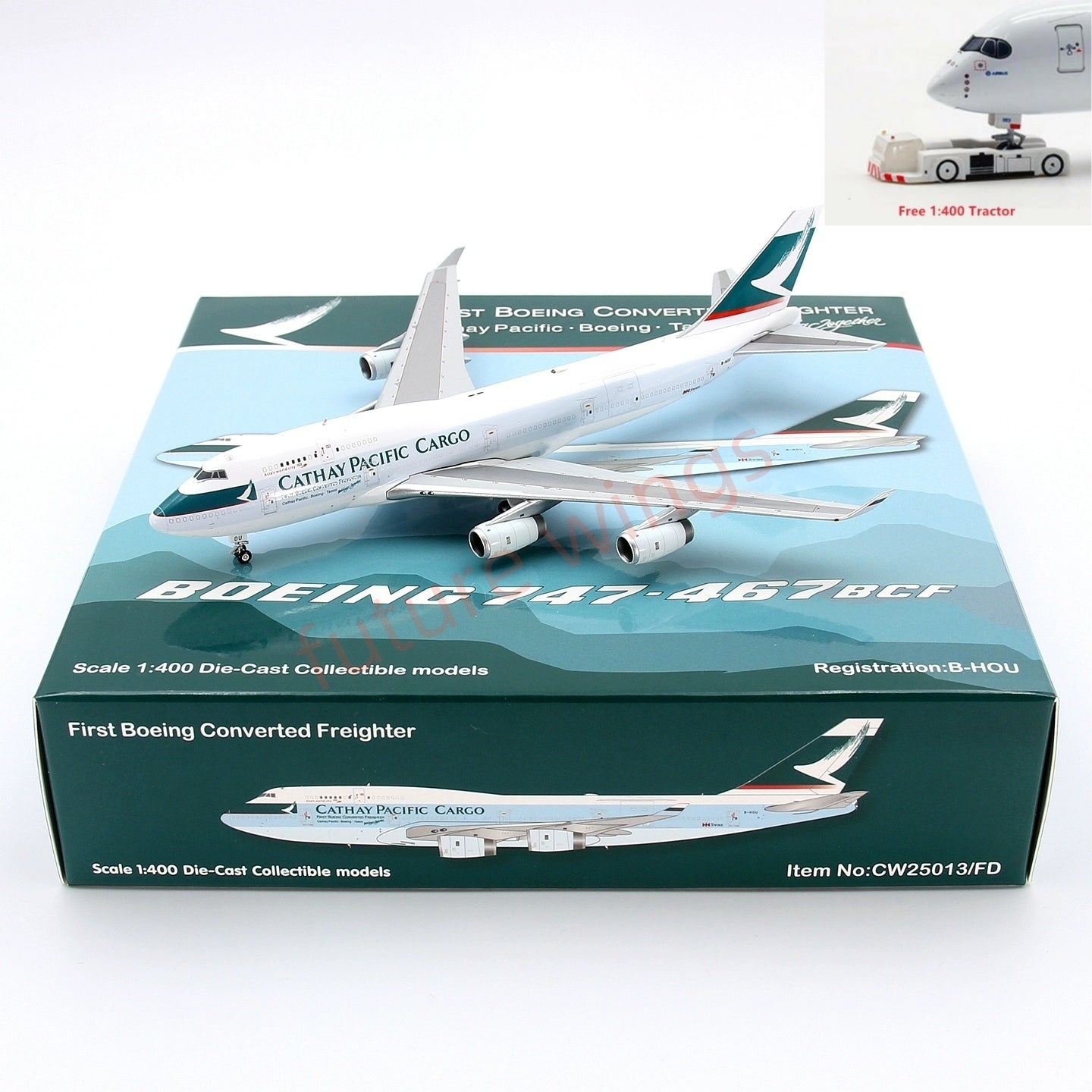 1:400 CW Cathay Pacific Cargo B747-400BCF B-HOU Aircraft Model+Free Tractor