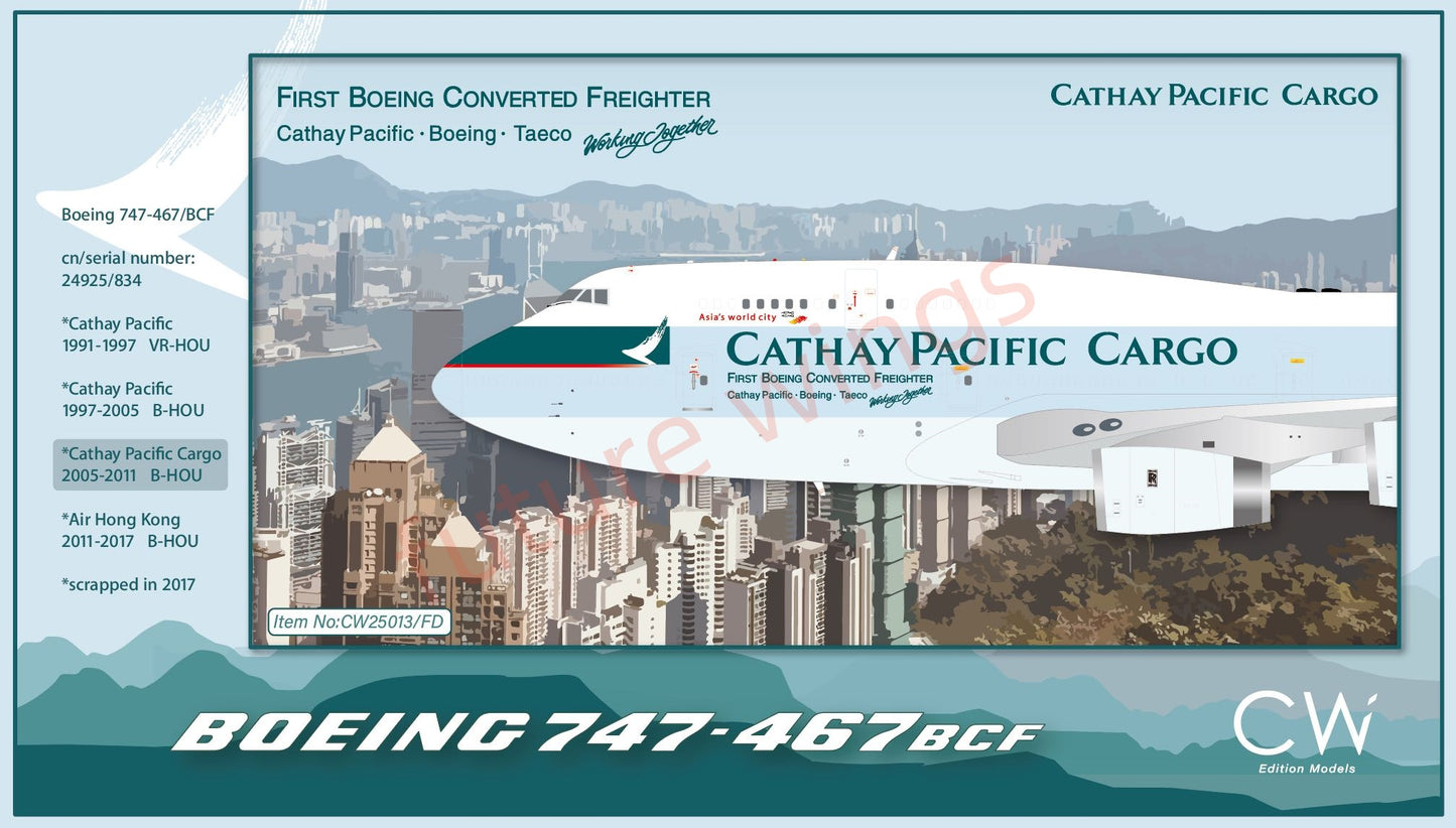 1:400 CW Cathay Pacific Cargo B747-400BCF B-HOU Aircraft Model+Free Tractor