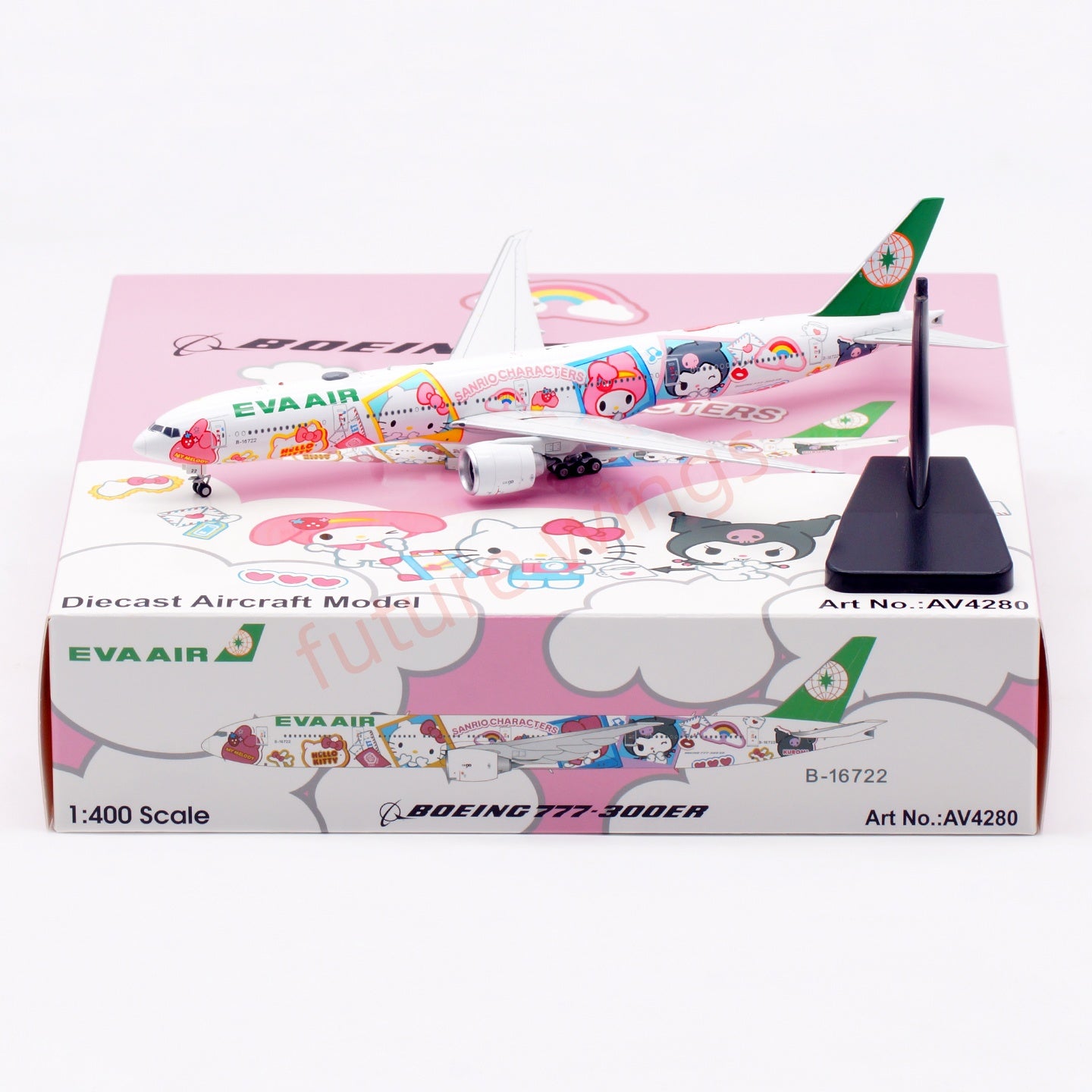 1:400 Aviation400 EVA Air B777-300ER B-16722 "Hello Kitty"Aircraft Model Free Tractor+Stand