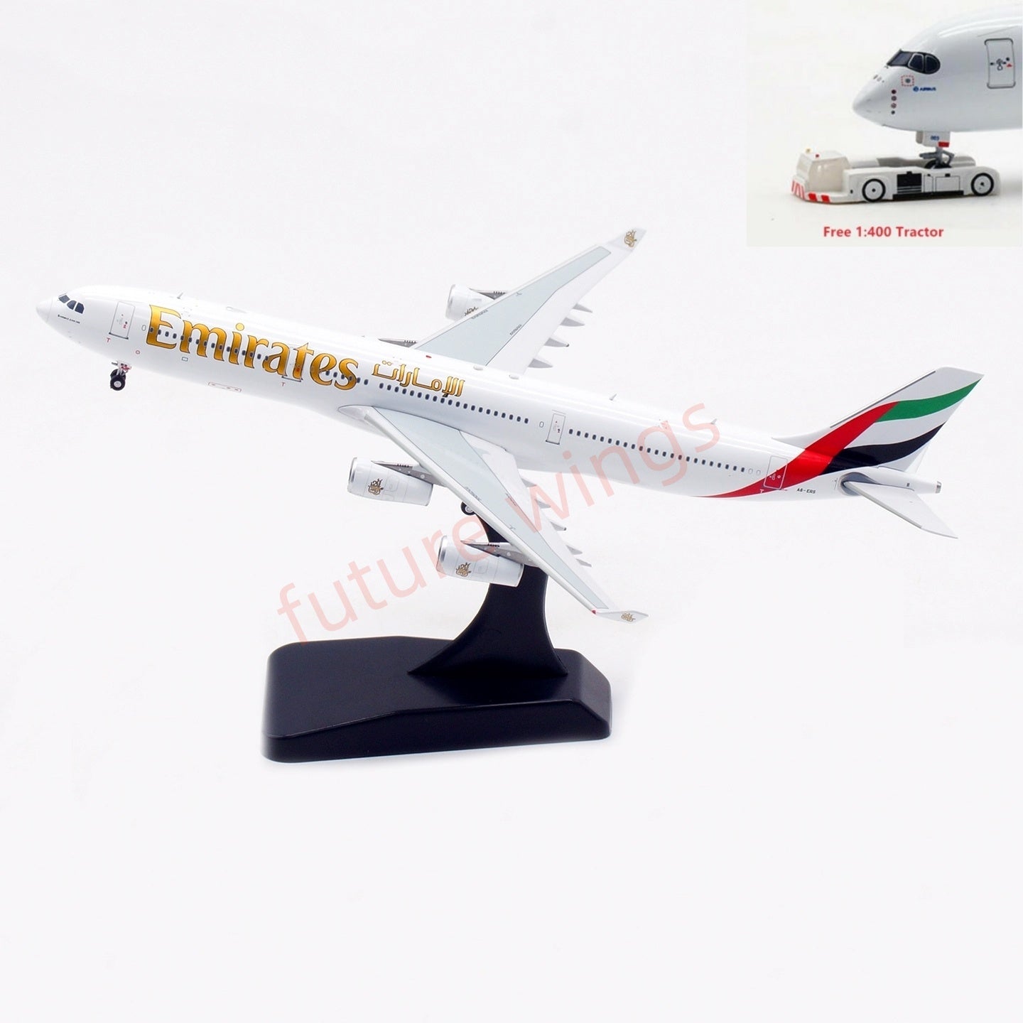 1:400 Aviation400 Emirates Airways A340-300 A6-ERS Aircraft Model Free Tractor+Stand