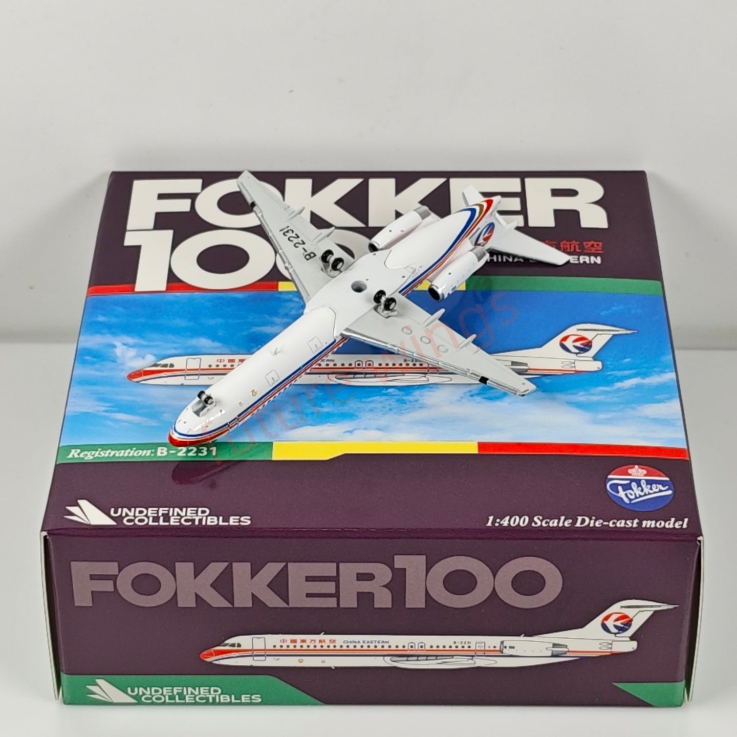 1:400 UC Model China Eastern Airlines Fokker100 B-2231 B-2233 Aircraft Model+Free Tractor