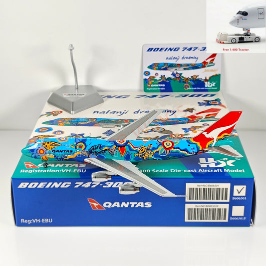 1:400 HX Models Qantas Airways B747-300 VH-EBU Aircraft Model Free Tractor +Stand