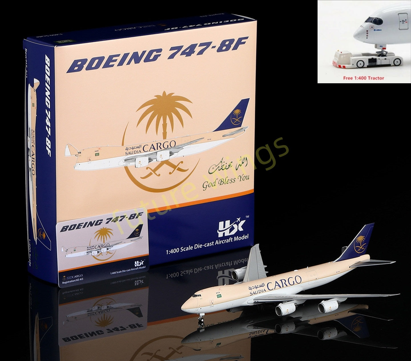 1:400 HX Models Saudia Cargo B747-8F HZ-AI3 HZ-AI4 Aircraft Model Free Tractor +Stand