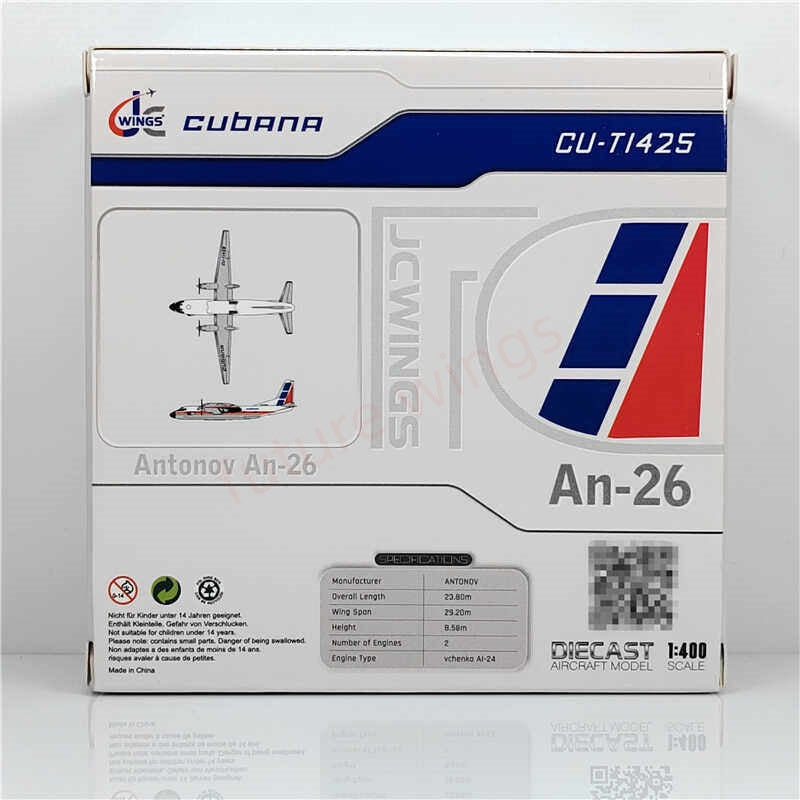 1:400 JC Wings LH4345 Cubana An-26 CU-T1425 Aircraft Model+Free Tractor