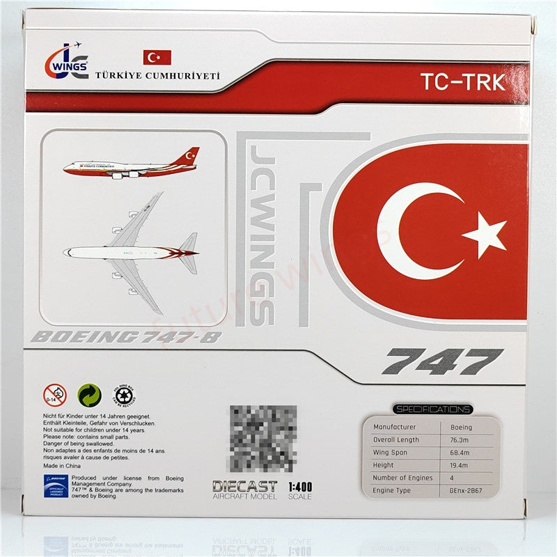 1:400 JC Wings LH4346 Turkey Gov B747-8 TC-TRK Aircraft Model+Free Tractor