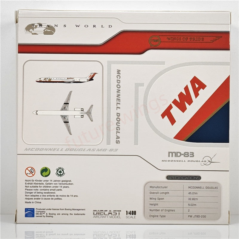 1:400 JC Wings XX40187 TWA MD-83 EI-BWD Aircraft Model+Free Tractor