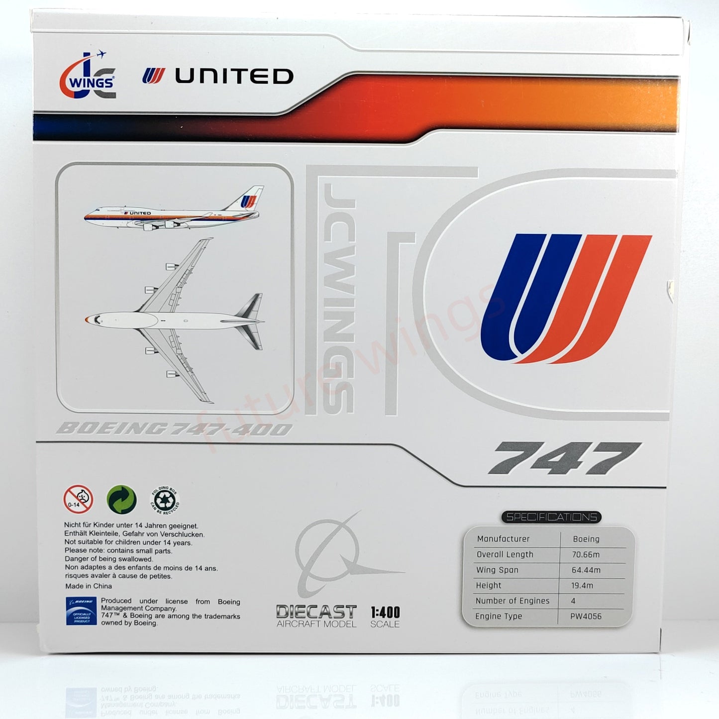 1:400 JC Wings XX40088 United Airlines B747-400 N185UA Aircraft Model+Free Tractor