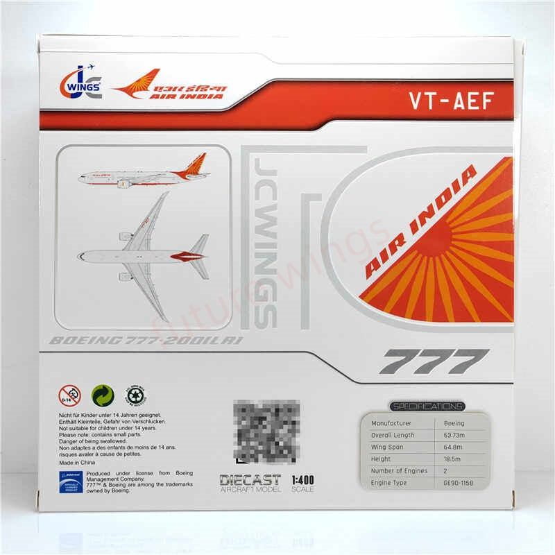 1:400 JC Wings LH4341 Air India B777-200LR VT-AEF Aircraft Model+Free Tractor
