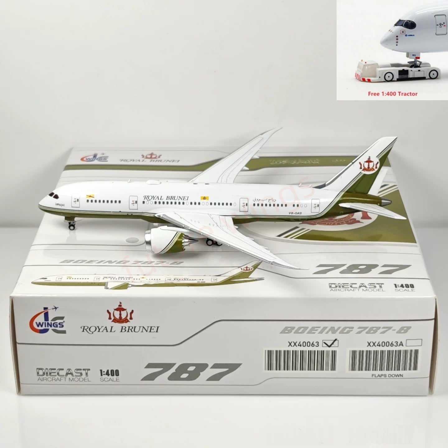 1:400 JC Wings XX40063 Royal Brunei B787-8 V8-OAS Airlines Aircraft Model+Free Tractor