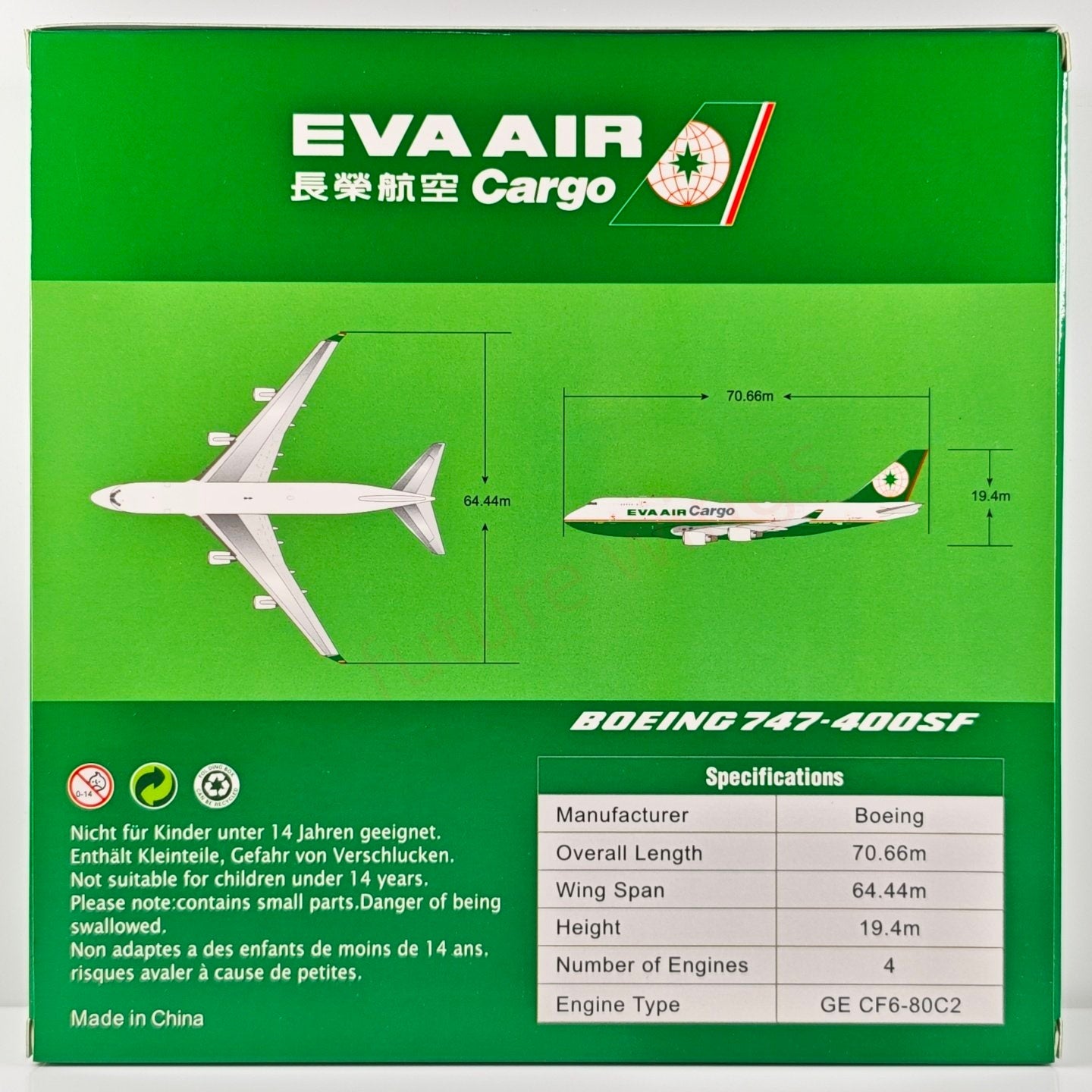 1:400 JC Wings XX4188 EVA Cargo B747-400 B-16406 Aircraft Model+Free Tractor