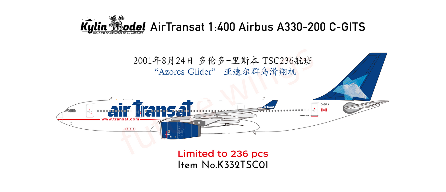 1:400 Kylin Models Air Transat A330-200 C-GITS TSC236 Aircraft Model+Free Tractor