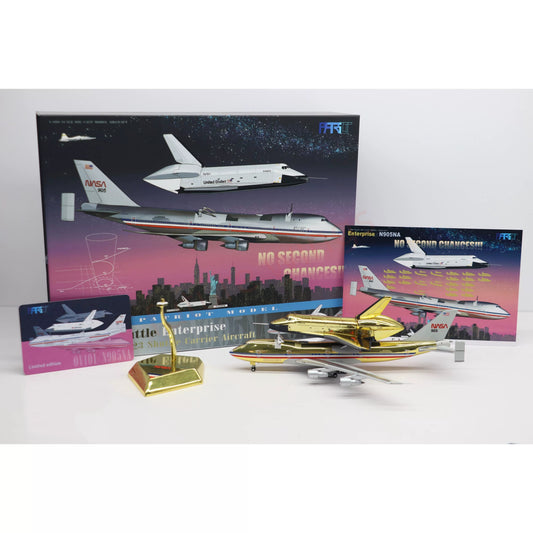 (SUPER RARE)1:400 Patriot NASA Boeing 747-100 N905NA + Space Shuttle (Gold Color) Free Stand+Tractor