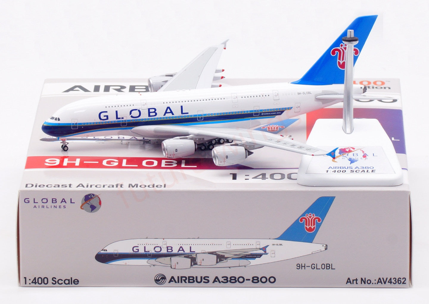 1:400 Aviation400 Global Airlines A380 9H-GLOBL Aircraft Model Free Tractor+Stand