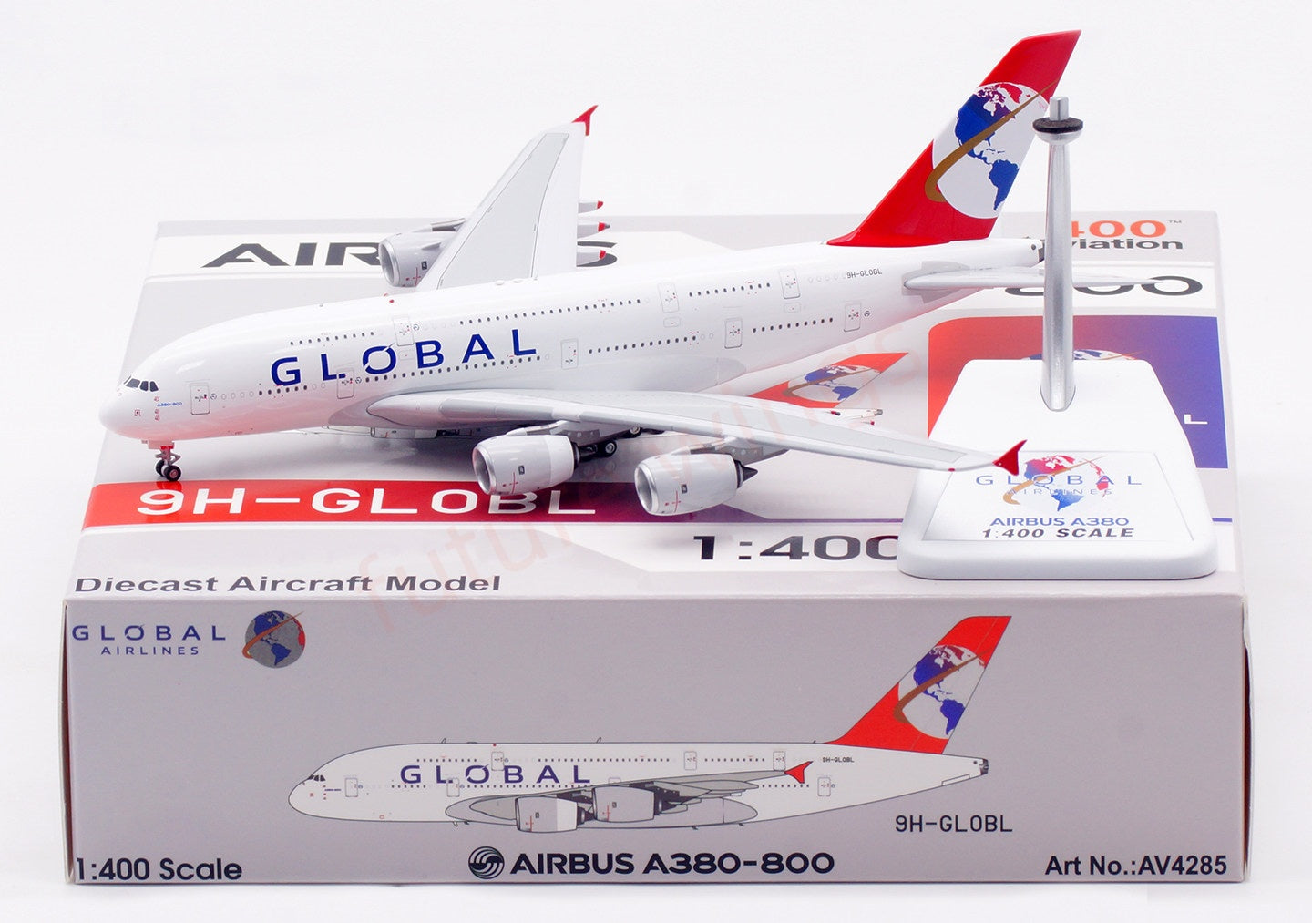 1:400 Aviation400 Global Airlines A380 9H-GLOBL Aircraft Model Free Tractor+Stand