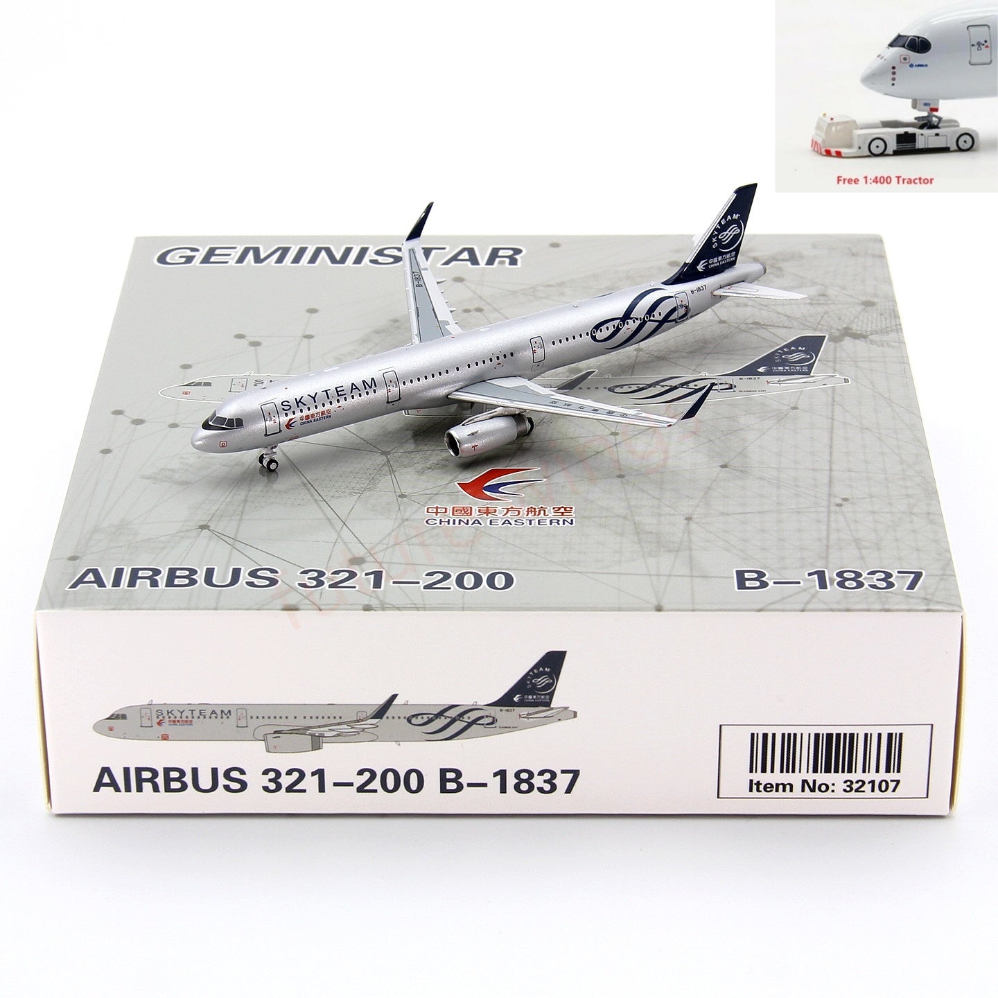 1:400 Geministar China Eastern Airlines A321 B-1837 “SKYTEAM”Aircraft Model+Free Tractor