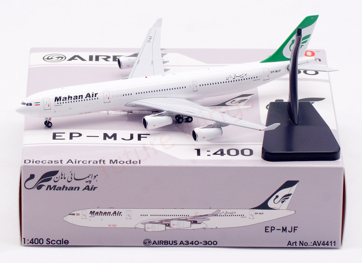 1:400 Aviation400 Mahan Air A340-300 EP-MJF Free Tractor+Stand