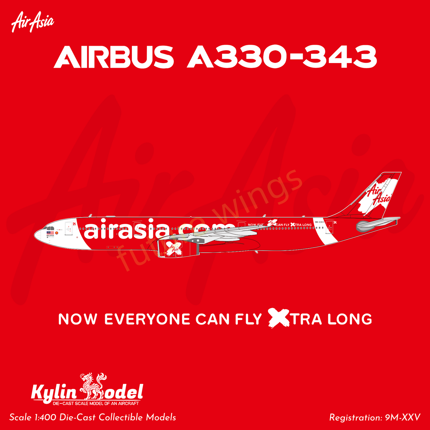 1:400 Kylin Models AirAsia A330-343 9M-XXV Aircraft Model+Free Tractor