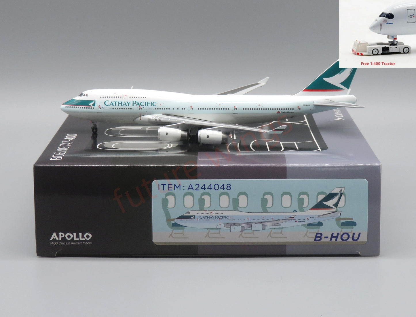 1:400 Apollo Cathay Pacific B747-400 B-HOU Aircraft Model+Free Tractor
