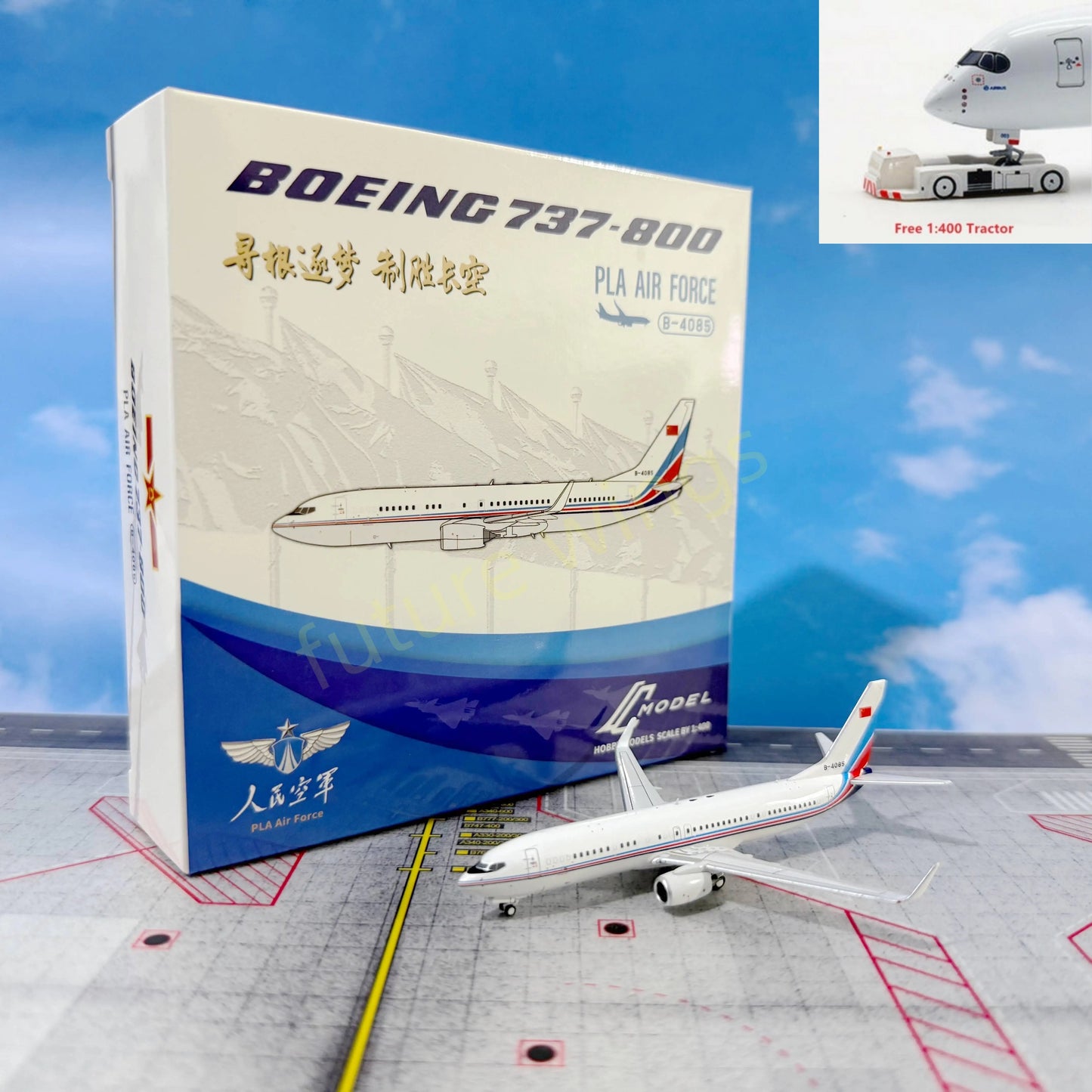 1:400 C MODEL China Air Force B737-800 B-4085 B-4086 Aircraft Model+Free Tractor