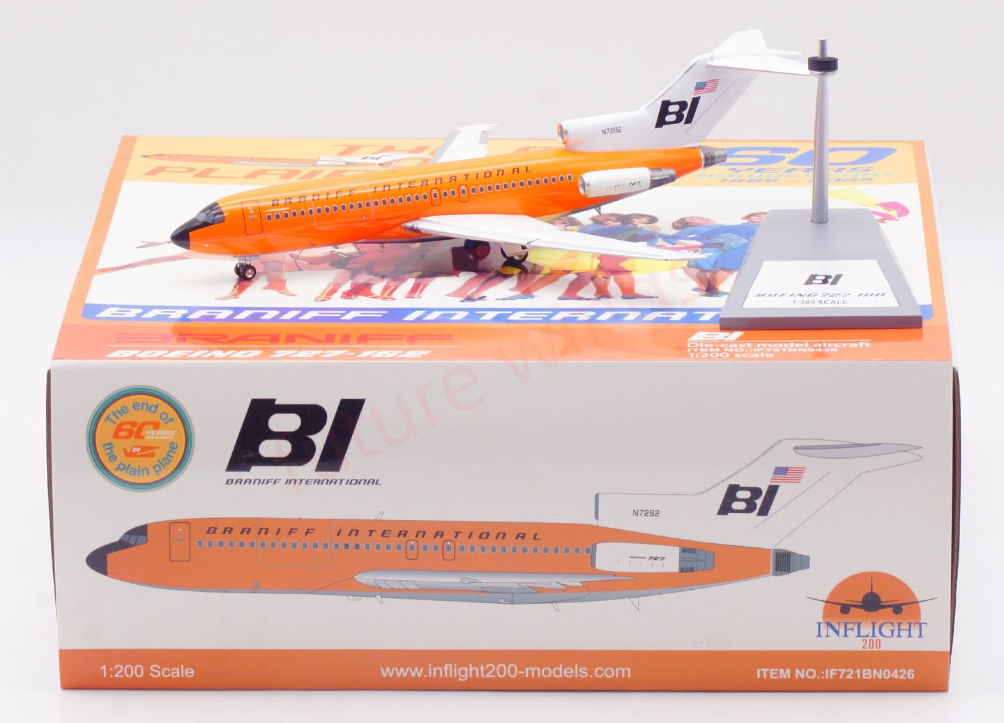 1:200 InFlight200 Braniff International Airways B727-100 N7282 Diecast Aircraft Model