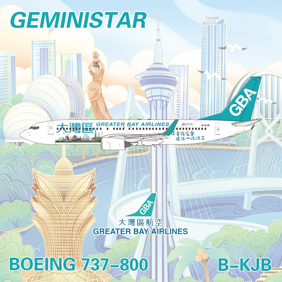 1:400 Geministar Greater Bay Airlines B737-800 B-KJB/KJD Aircraft Model+Free Tractor