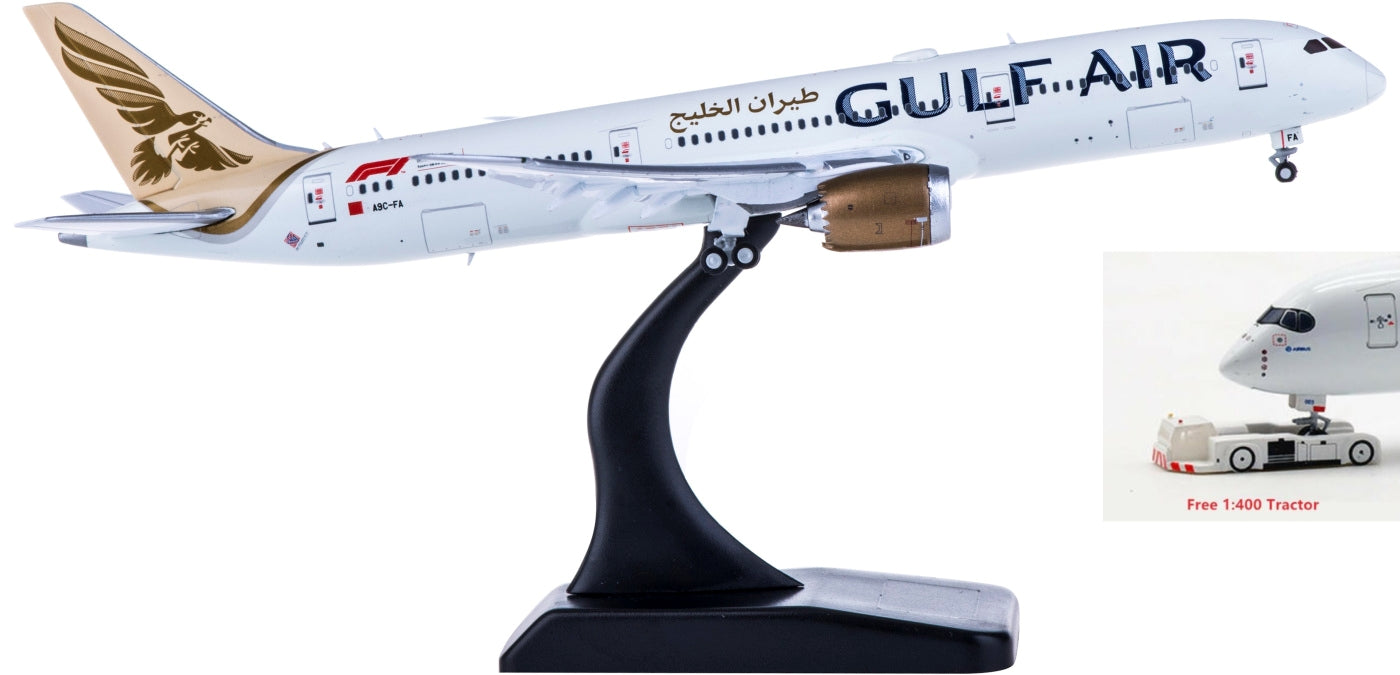 1:400 JC Wings XX4414A Gulf Air Boeing 787-9 A9C-FA "Flaps Down" Free Tractor+Stand