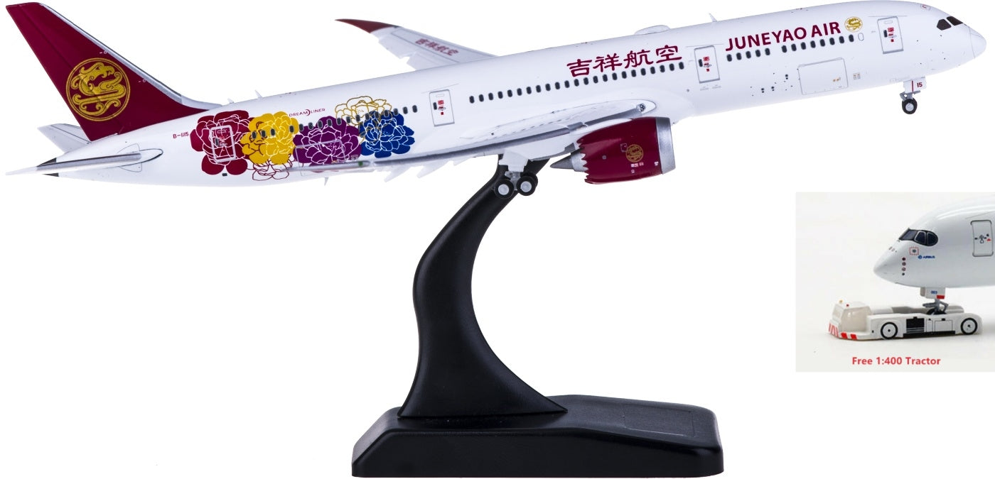 1:400 JC Wings XX4080A Juneyao Airlines Boeing 787-9 B-1115 "Flaps Down" Free Tractor+Stand