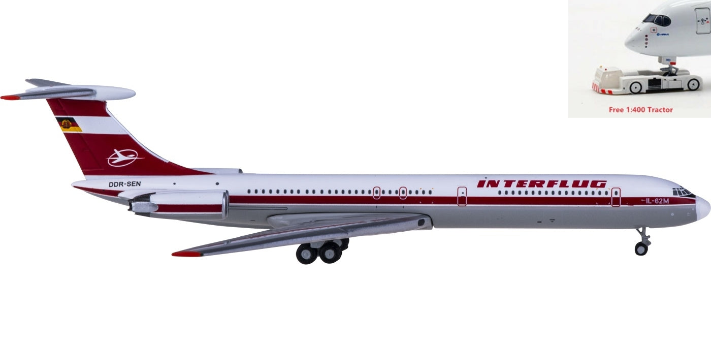 1:400 Geminijets GJIFL1801 Interflug Ilyushin IL-62M DDR-SEN+Free Tractor