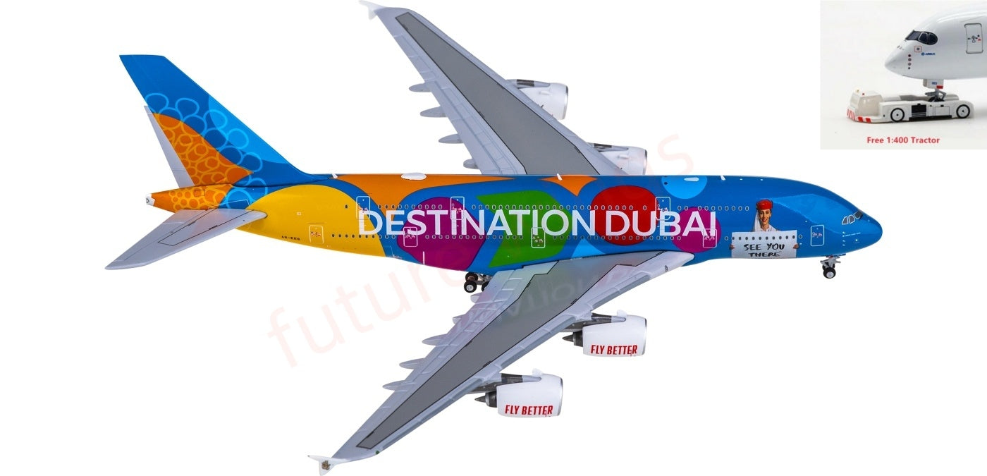 1:400 Geminijets GJUAE2345 Emirates Airways Airbus A380 A6-EES Aircraft Model+Free Tractor