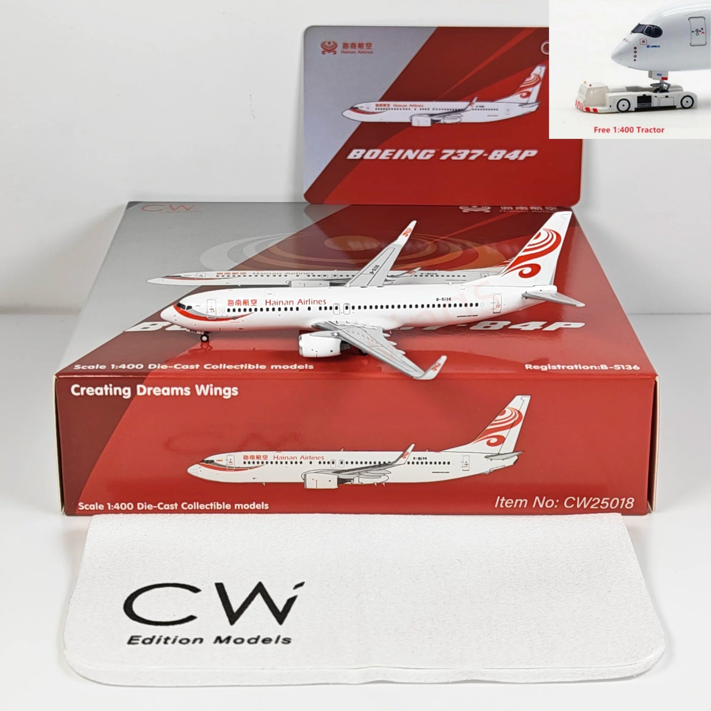 1:400 CW MODEL Hainan Airlines B737-800 B-5136 Aircraft Model+Free Tractor