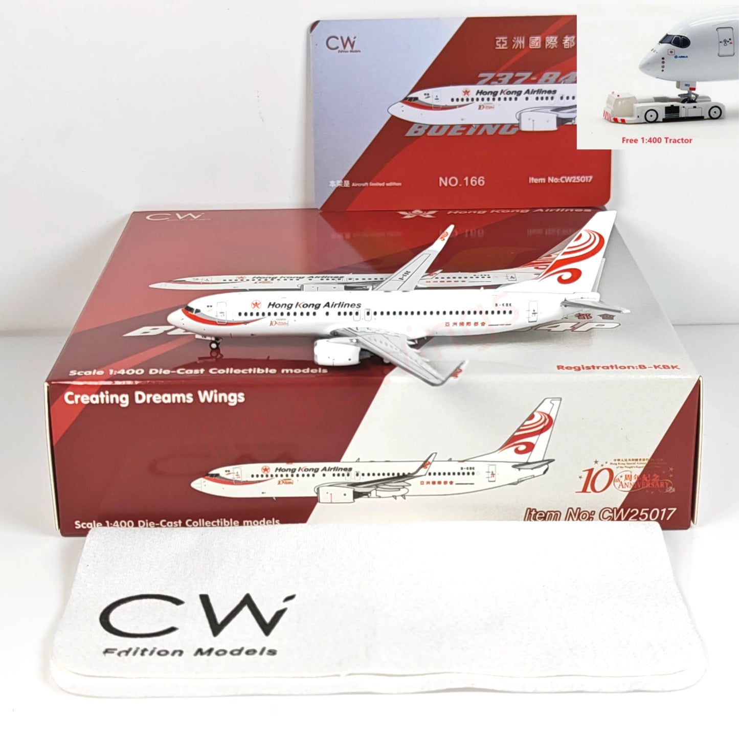 1:400 CW MODEL HongKong Airlines B737-800 B-KBK Aircraft Model+Free Tractor