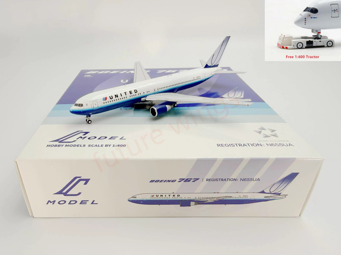 1:400 C Model C0053 United Airlines B767-300ER N655UA Aircraft Model+Free Tractor